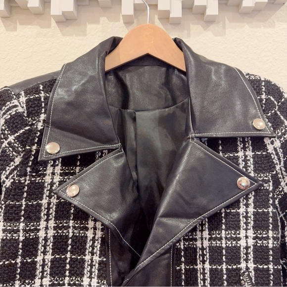 J.ING Faux Leather Collared Tweed Checker Jacket Outwear Black White Size XL NWT - Picture 4 of 10